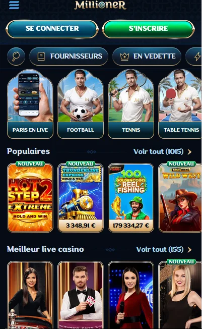 Millioner Casino – page d'accueil mobile