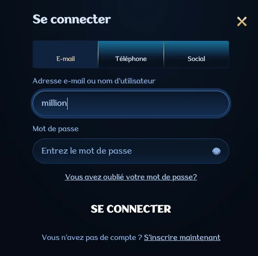 Formulaire de connexion Millioner Casino